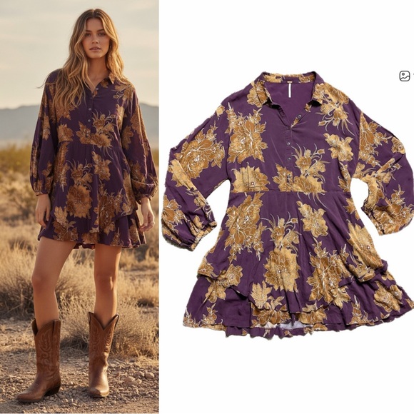 Free People Dresses & Skirts - Free People Shake It Purple Fall Floral Mini Dress w pockets S